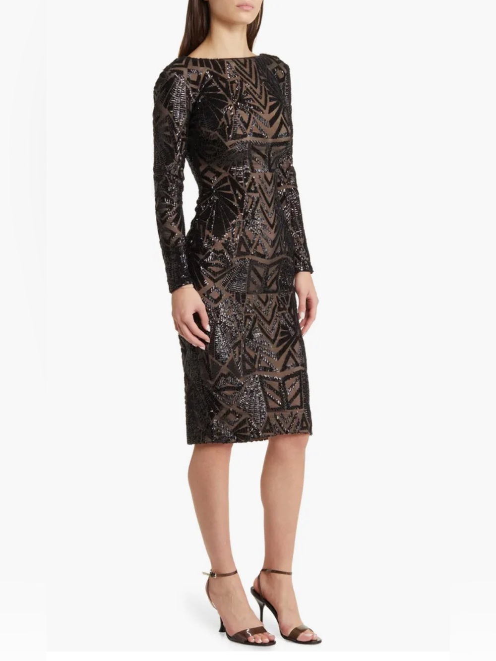 SALE Dress the Population Black Beaded Long-Sleeve Sheath Dress Sz L